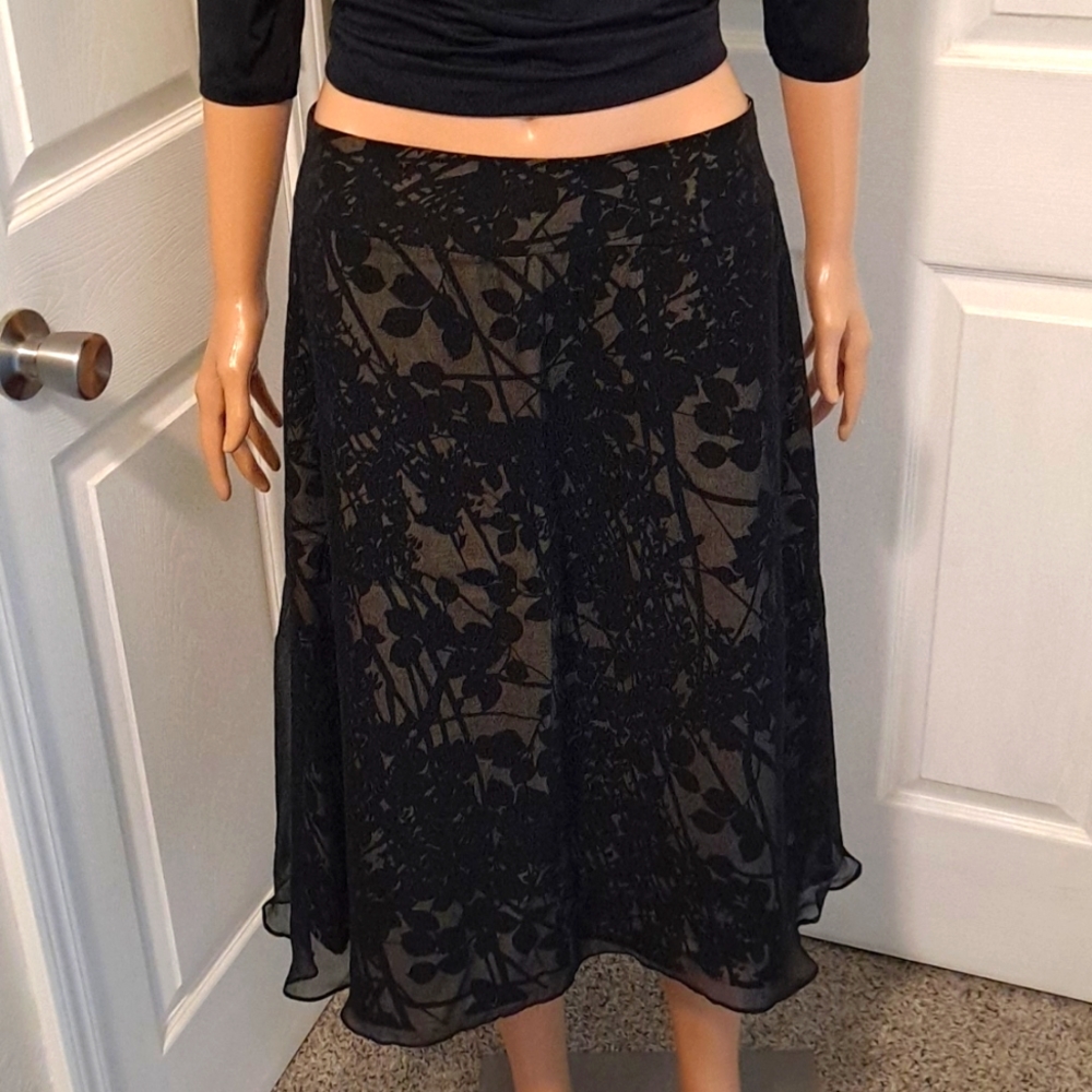 Black and Tan Floral Midi Skirt with Sheer Top Layer by Tweeds Clothing Co.